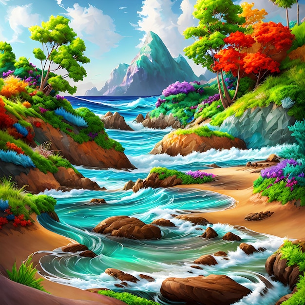 Pintura de paisagens multicoloridas de conto de fadas