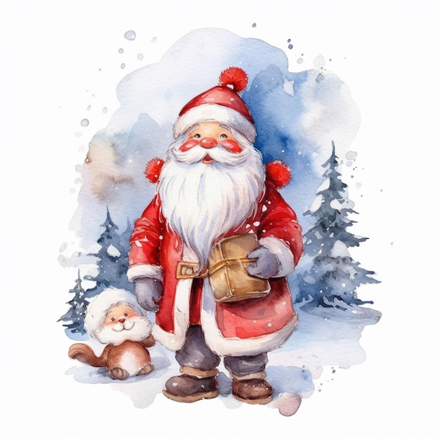 Pintura de Papai Noel com um saco de presentes na neve