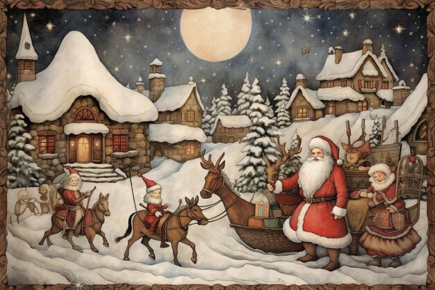 Pintura de Papai Noel e suas renas em uma aldeia nevada