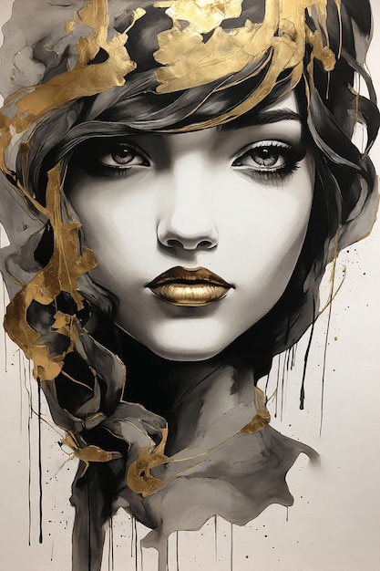 Pintura de papel de parede retrato de arte de uma bela mulher com maquiagem dourada