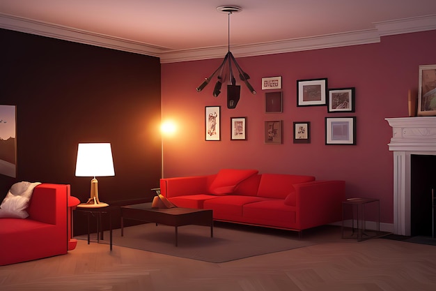 Pintura de parede de sala de estar criativa cor marrom vermelho com sofá