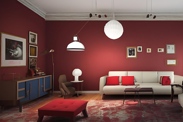 Pintura de parede de sala de estar criativa cor marrom vermelho com sofá