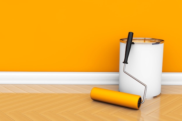 Foto pintura de paredes em cor laranja. lata de tinta com escova de rolo