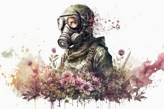 Pintura de pessoa com máscara de gás e flores fundo branco Generative AI