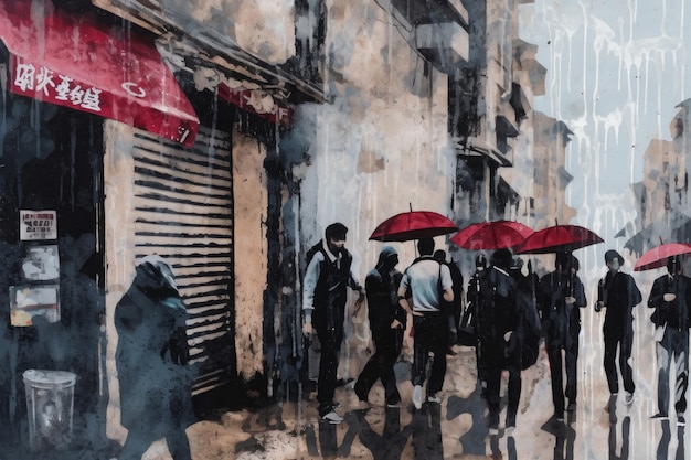 Pintura de pessoas segurando guarda-chuva na chuva em uma rua no estilo de graffiti urbano vermelho e cinza IA geradora