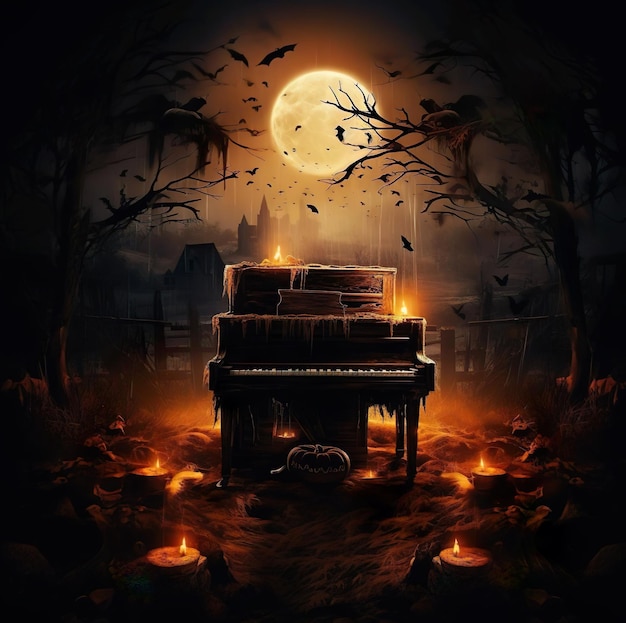 Pintura de piano com cena escura e lua