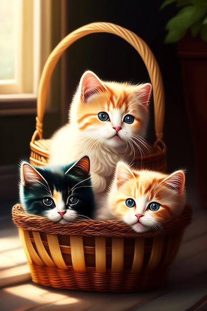 Pintura de quatro gatinhos brincando em uma cesta de vime