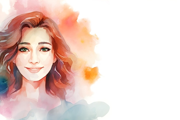 Pintura de retrato de mulher sorridente em aquarela em fundo branco para design de feminilidade