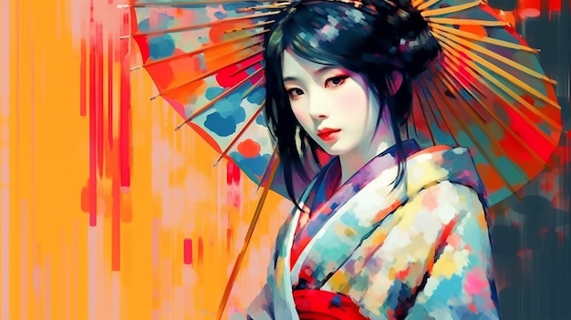 Pintura de retrato de uma modelo japonesa em quimono para publicidade de salões de beleza e estúdios de massagem