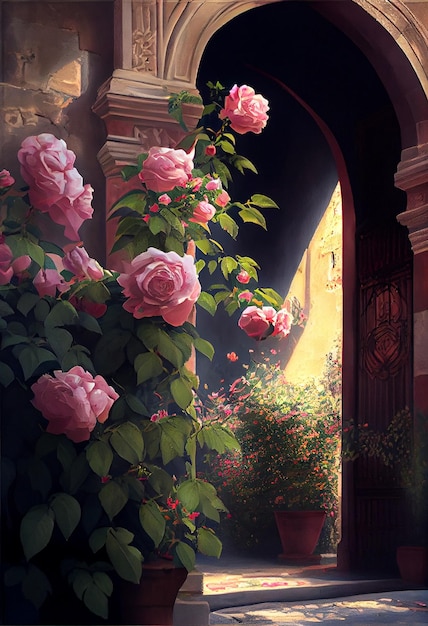 Pintura de rosas cor de rosa na frente de uma porta generativa ai