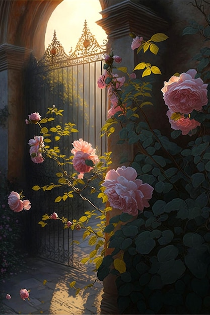 Pintura de rosas em frente a um portão generativo ai