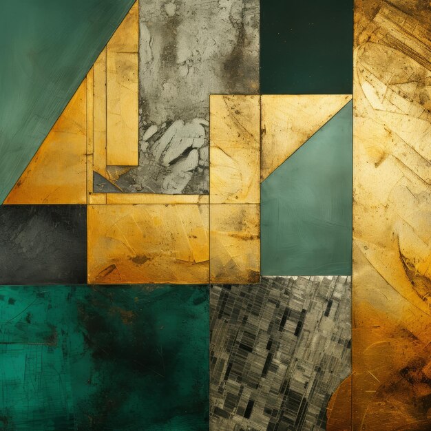 Pintura de textura industrial com quadrados e formas douradas e verdes