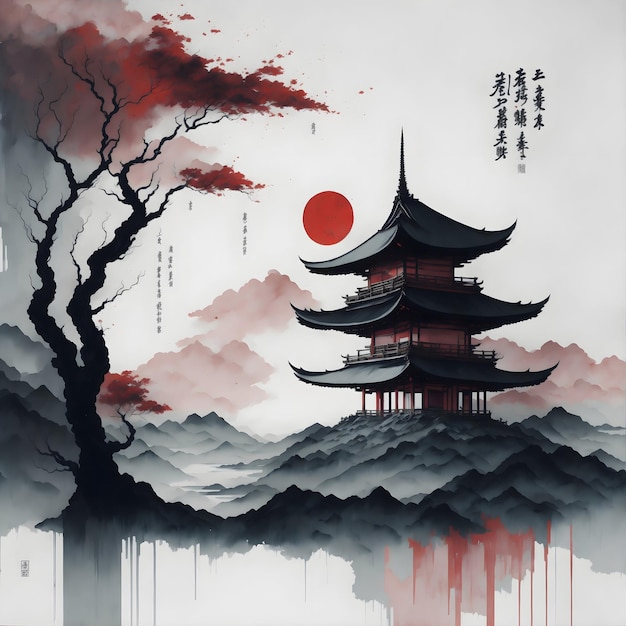 Pintura de tinta japonesa silenciada com o sol vermelho um pagode e escritos japoneses