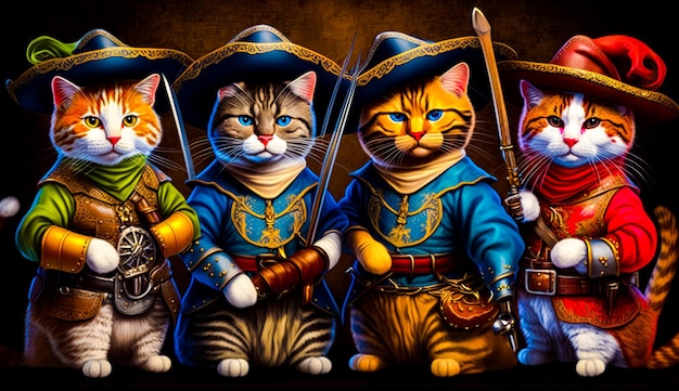 Pintura de três gatos disfarçados de piratas e um gato com uma espada IA generativa