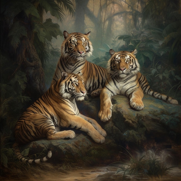 Pintura de três tigres descansando em uma rocha em uma selva generativa ai