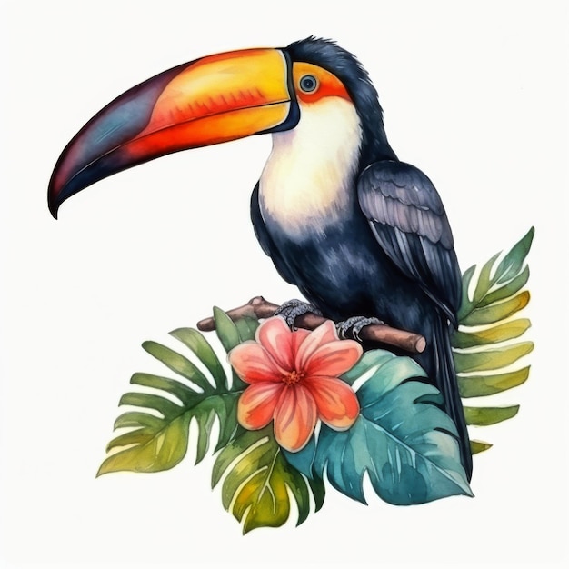 Pintura de tucano em galho com flores