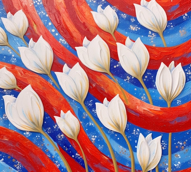 pintura de tulipas brancas contra um fundo azul e vermelho generativo ai