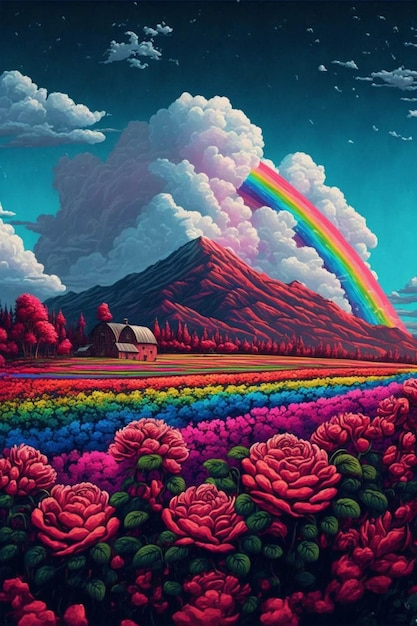 Pintura de um arco-íris sobre um campo de flores generativo ai