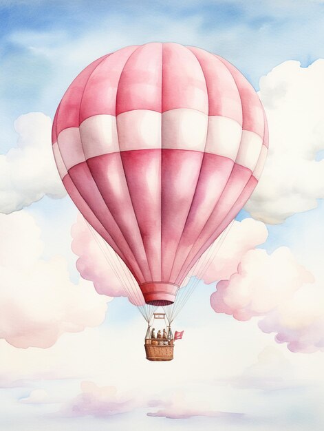 Pintura de um balão de ar quente voando no céu com um grupo de pessoas dentro de um ai generativo