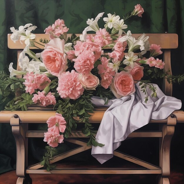 Pintura de um banco com um feixe de flores sobre ele