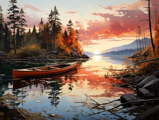 pintura de um barco em um lago com um pôr do sol ao fundo IA generativa