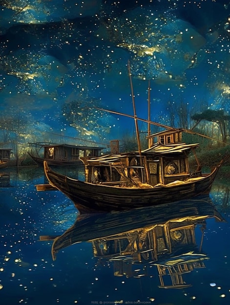 pintura de um barco flutuando em um lago à noite com estrelas no céu generativo ai