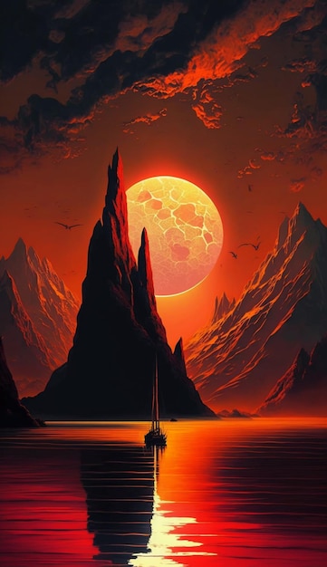 Pintura de um barco na água com céu vermelho e fundo de montanhas generativo ai