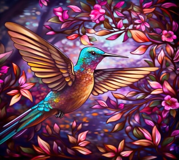 Foto pintura de um beija-flor voando no ar com um fundo colorido