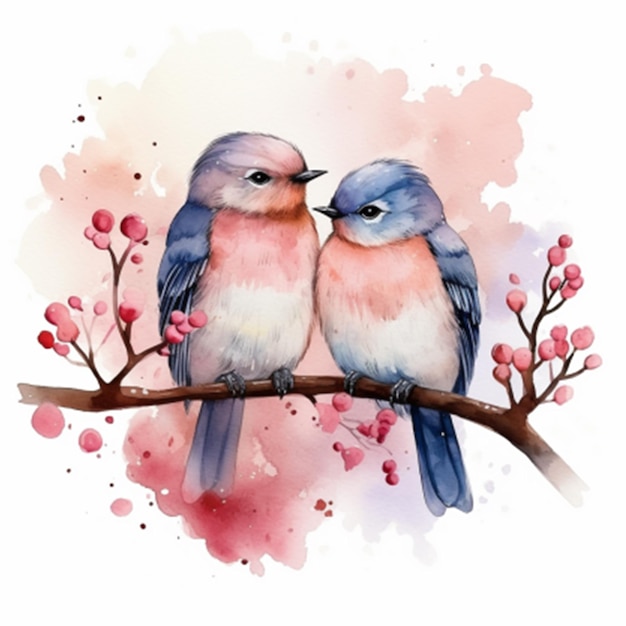 pintura de um belo casal de pássaros coloridos sentados no ramo de uma árvore verde