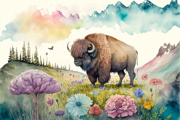 Pintura de um bisão em pé em um campo de flores generativo ai