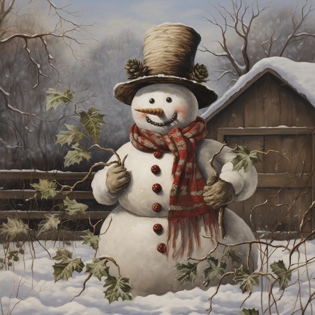 Foto pintura de um boneco de neve com chapéu e lenço em pé na neve generativa ai