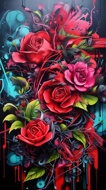 pintura de um bouquet de rosas vermelhas com folhas verdes e notas de música generativa ai