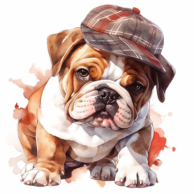 Pintura de um bulldog usando um chapéu e sentado em uma superfície branca generativa ai