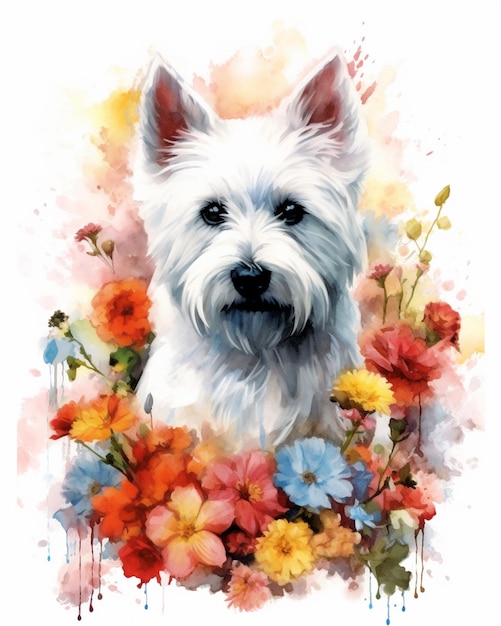 Pintura de um cachorro branco com flores e tinta aquarela generativa ai