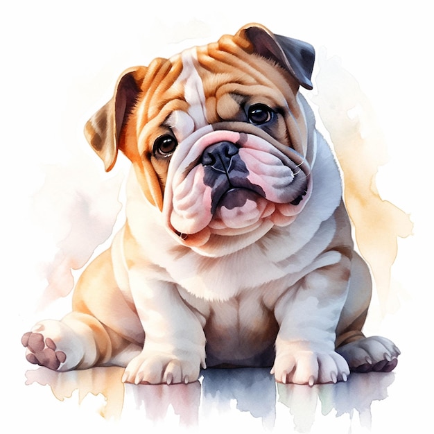 Pintura de um cachorro bulldog sentado no chão com um fundo branco generativo ai