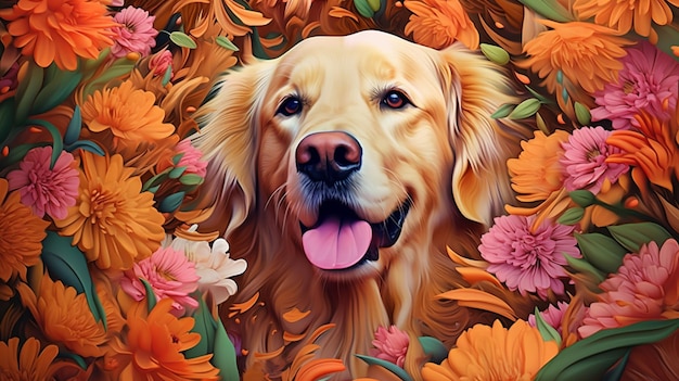 pintura de um cachorro cercado por flores e folhas ai generativa