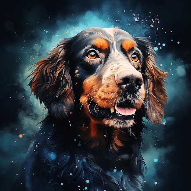 pintura de um cachorro com pelagem preta e castanha e fundo azul generativo ai