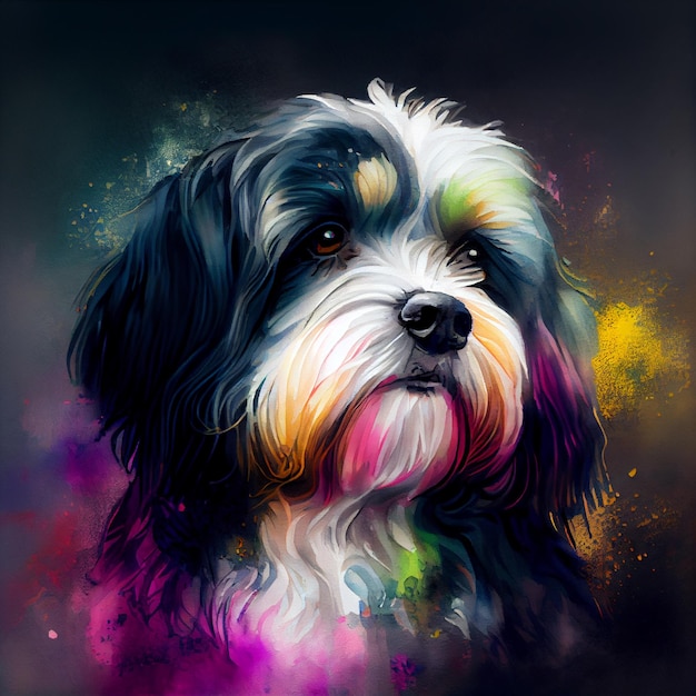 Pintura de um cachorro com rosto colorido e cabelo comprido generativo ai