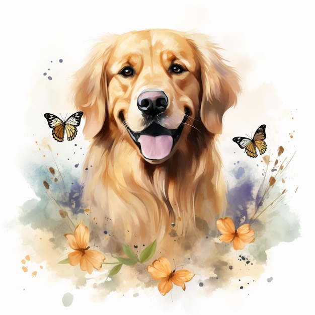 Pintura de um cachorro com uma borboleta ao fundo generativa ai