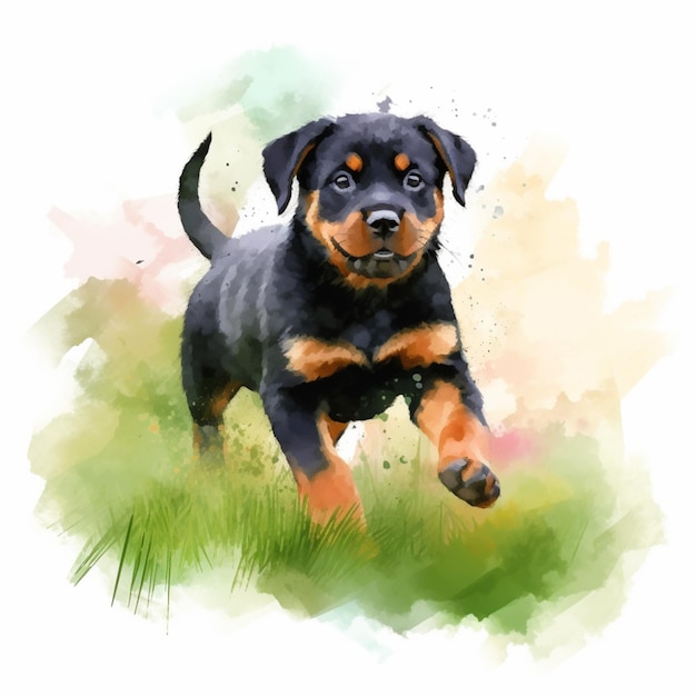 Pintura de um cachorro correndo na grama com um fundo branco generativo ai