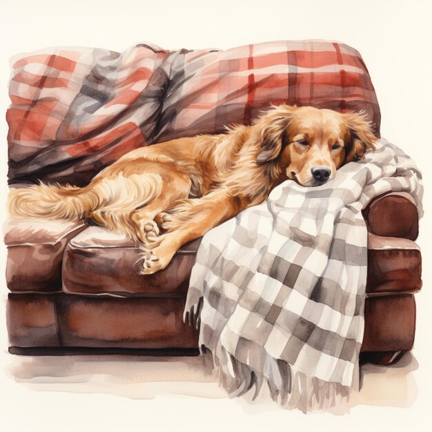 Foto pintura de um cachorro deitado em um sofá com um cobertor generativo ai