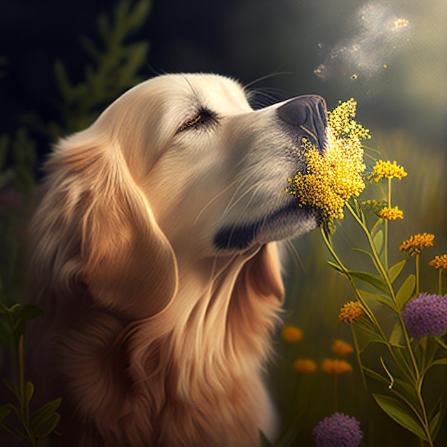 Pintura de um cachorro em campo com flor o primeiro plano generativo ai