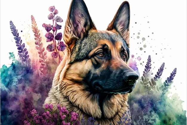 Pintura de um cachorro em campo com flores generativas ai