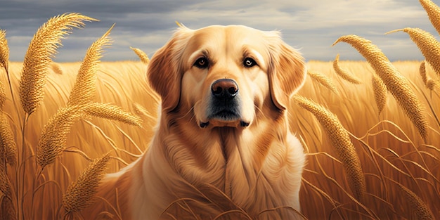 Pintura de um cachorro em campo com o fundo generativo ai