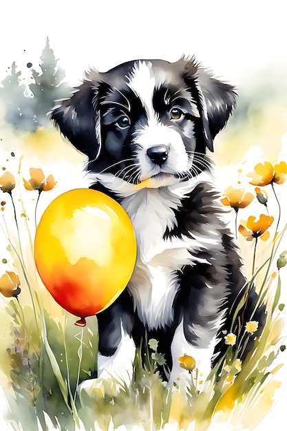 Pintura de um cachorro fofo com balões ao lado