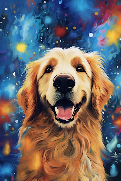 Pintura de um cachorro golden retriever com um fundo azul generativo ai