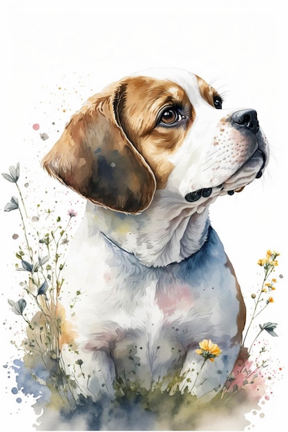 Pintura de um cachorro sentado em um campo de flores generativo ai