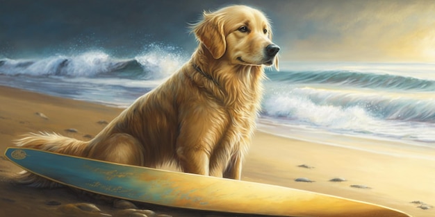 Pintura de um cachorro sentado na prancha de surf praia generativa ai