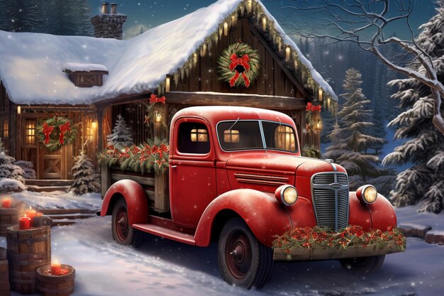 Foto pintura de um caminhão vermelho estacionado na frente de uma cabana adornada com decorações de natal