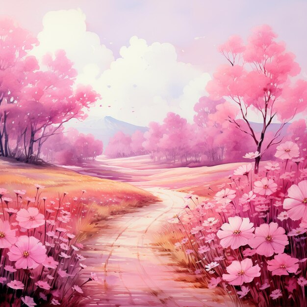 pintura de um caminho através de um campo com flores cor de rosa generativa ai